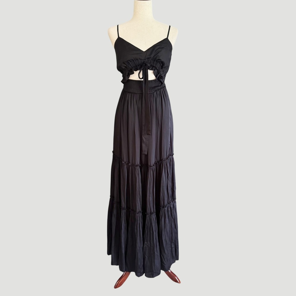 Boho Chic Goth summer Flowy Black Tiered Maxi Dress Cutout Tie Front Small NWT - Picture 2 of 12